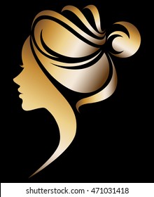 illustration vector of women silhouette golden icon, women face logo on black background