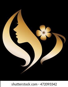 illustration vector of women silhouette golden icon, women face logo on black background