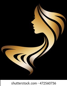 illustration vector of women silhouette golden icon, women face logo on black background