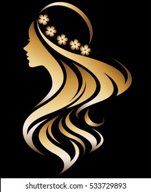 illustration vector of women silhouette golden icon, women face logo with flower on black background