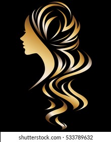 illustration vector of women silhouette golden icon, women face logo on black background