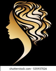 illustration vector of women silhouette golden icon, women face logo on black background