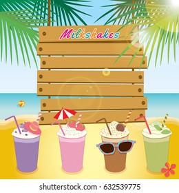 Illustration vector of wood sign template on beach background with summer milkshakes smoothies beverage drink design for summer season
