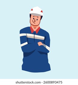 Illustration vector worker wear helmer with arms in the chest pose