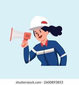 Illustration vector worker wear helmet shouting on megaphone