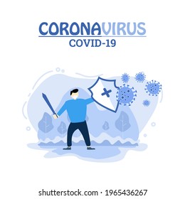 illustration or vector The world is fighting the Coronavirus outbreak. Coronavirus 2019-nC0V. illustrated with a man holding a shield and sword.