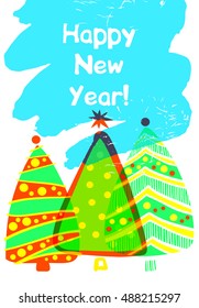 Illustration vector xmas tree with christmas decoration for happy new year 2017 on color background. Free hand drawn element of design image color fir for invitation to happy new year party, event.