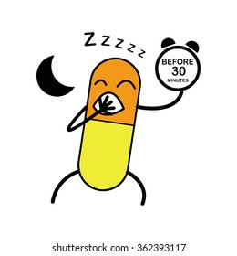 illustration vector yawning capsule holding clock, indicating a time to take medicine