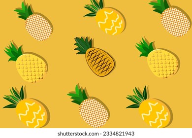 ilustración vector fondo amarillo decorado con dibujos piña abstracta cuatro diseños