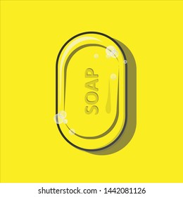 illustration vector of yellow bar of soap with bubble foams. hygiene and clean concept. 