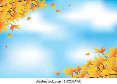 Illustration vector of yellow maple leaves in autumn with daylight sky background banner