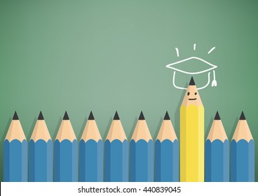 Illustration vector yellow pencil stand out from the blue pencil with success and graduation. Symbols with graduate cap top.