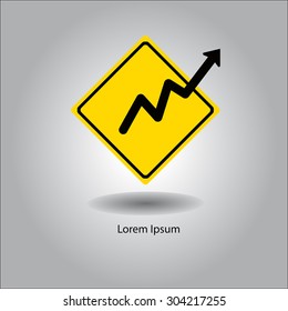 illustration vector yellow traffic sign symbol with black arrow graph up isolated on gray background, more careful concept, creative design.