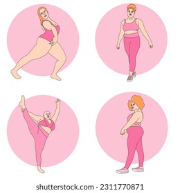 illustration vector yoga icons set plus size model fat pink pose back girls swimsuit background print sketch drawing black and white lines  pattern sport asana decorative shape standing figure