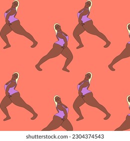 illustration vector yoga plus size model fat pose pose back girls swimsuit background print sketch drawing black and white lines set pattern sport asana decorative shape standing pose figure pink 