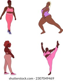 modelo de ilustración más tamaño pose modelo pose pose a distancia de las niñas en biki traje de baño peinado zapatos de fondo boceto de impresión dibujar líneas negras y blancas yoga fitness