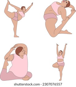 illustration vector yoga plus size model fat pose pose back girls swimsuit background print sketch drawing black and white lines set pattern sport asana decorative shape standing pose figure pink 
