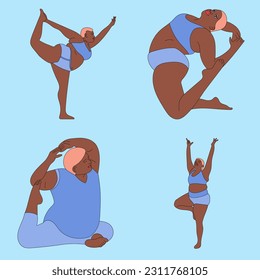 illustration vector yoga set plus size model fat blue pose back girls swimsuit background print sketch drawing black and white lines  pattern sport asana decorative shape standing figure