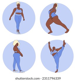illustration vector yoga set plus size model fat blue pose back girls swimsuit background print sketch drawing black and white lines  pattern sport asana decorative shape standing figure