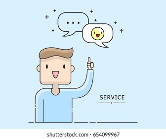 Illustration vector young business man on social media marketing concept of customer service on viral content .Happy teen man training with bubble chat and smiley icon. Flat thin line cartoon style.