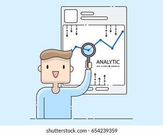 Illustration vector young business man on social media marketing strategy concept of data analytic on customer feedback.Happy teen man holding magnifying glass on  graph.Flat thin line cartoon style.