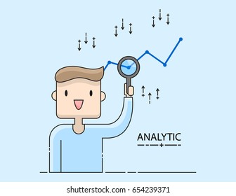 Illustration vector young business man on social media marketing strategy concept of data analytic on customer feedback.Happy teen man holding magnifying glass on  graph.Flat thin line cartoon style.
