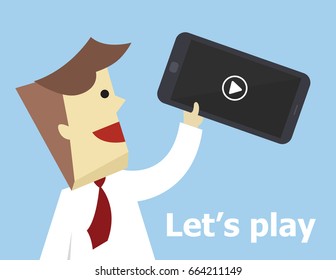 Illustration vector of young business man hold cell phone and show video play icon.