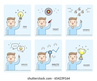 Illustration vector young man on social media marketing strategy concept on viral content. Flat thin line cartoon style. Idea,target audience,feedback,chat service,data analytic,goal