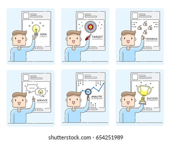 Illustration vector young man set on social media marketing strategy concept on viral content. Flat thin line cartoon style. Idea,target audience,feedback,chat service,data analytic,goal