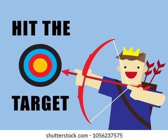 Illustration vector of young man who is holding bow and arrow focus at traget of
audience or customer as influence marketing or advertising on social media concept