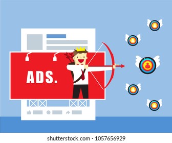 Illustration vector of young man who is holding bow and arrow focus at target of
audience or customer as influence marketing or advertising on social media concept