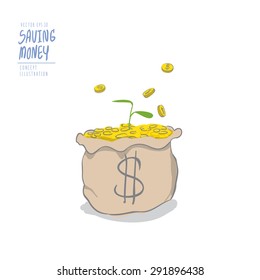 Illustration vector young plant on a pile of coins in the bag and coins falling to the bag. Drawing paint flat style.