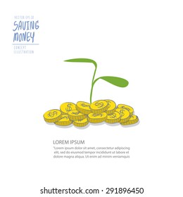 Illustration vector young plant on a pile of coins. Drawing paint flat style.