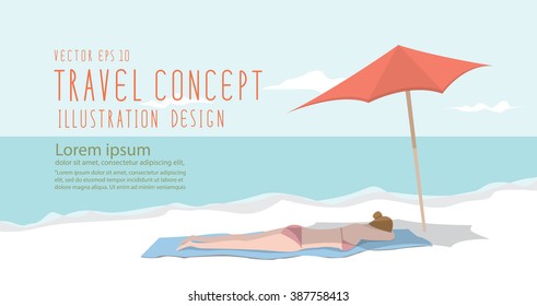 Illustration vector young woman relaxing on the beach, banner
