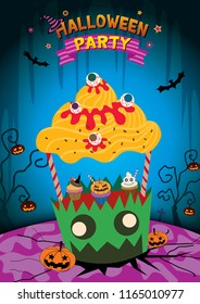 Illustration vector zombie cupcake booth with halloween parties.Vertical poster.