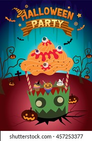 Illustration vector zombie cupcake booth with halloween parties.Vertical poster.