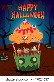 Illustration vector zombie cupcake kiosk with happy halloween parties.Vertical poster.