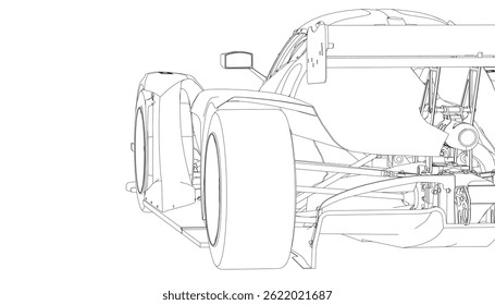 The illustration is a vector-based wireframe rendering of a high-performance racing car, showcasing its sleek, aerodynamic design with a low-slung body, large rear spoiler for downforce