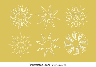 Illustration vectorial. Set of sun figure icons. Different shapes of the sun. Art line. Abstract figures. Solar icons. Hand drawn  
