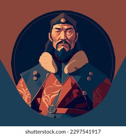 The illustration and vector-style drawing of Genghis Khan, featuring his warrior attire with woolen clothing and hat. Genghis Khan: Founder of the Mongol Empire, skilled warrior, and revered leader.

