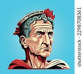 An illustration and vector-style drawing of Julius Caesar with a close-up on his face, wearing a crown.Julius Caesar: Roman general, key figure in the rise of the Roman Empire.