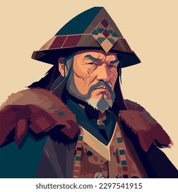 The illustration and vector-style portrait of Genghis Khan from a side angle, featuring his slightly older appearance, traditional Mongolian attire, and hat. 
Mongol Empire founder, skilled warrior.
