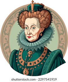 An illustration   vector  style portrait Queen Elizabeth I  also known as Gloriana  wearing her gown  crown    ruff around her neck  Virgin Queen  ruled England 1558  1603 