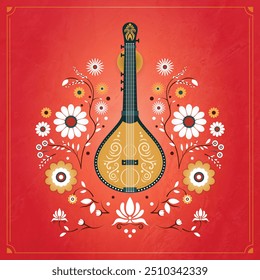 Illustration of Veena, is any of various chordophone instruments from the Indian subcontinent. It can be used in social media, carousel etc. for musical or spiritual events.