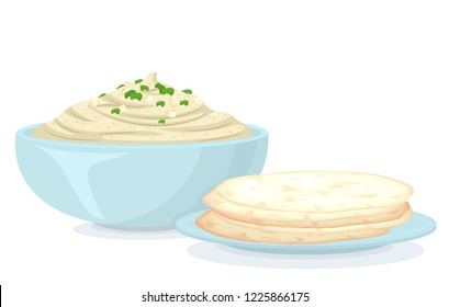 Illustration of Vegan Hummus on Bowl with Pita Bread on Plate