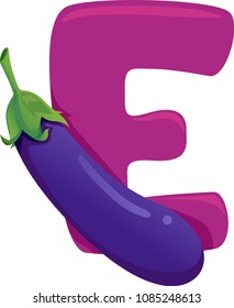 Illustration of Vegetable Alphabet, a Pink Letter E and an Eggplant