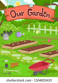 Illustration of a Vegetable Garden with Plots, Seedlings, Gardening Tools and Our Garden Signage