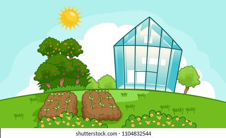 Illustration of a Vegetable Garden Plots, Trees and a Greenhouse Under the Sun