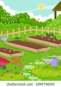 Illustration of a Vegetable Garden with Seedlings in Plots, Pots, Gardening Tools, Fence and Flower Shrubs