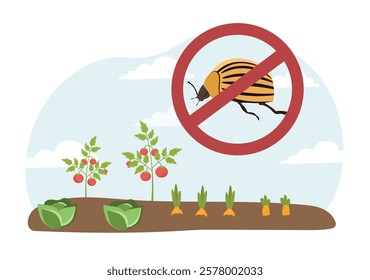 Illustration of a vegetable garden with tomatoes, cabbages, and carrots, showing a striped beetle crossed out in red, symbolizing pest control. Vector illustration